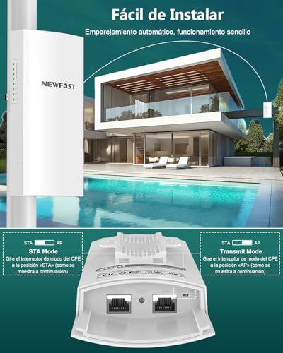 NEWFAST WiFi Bridge, 3km CPE Wireless Outdoor Wireless Bridge Wi-Fi Outdoor WiFi Bridge 5.8GHz 300Mbps, CPE Outdoor Long Range, 11dBi Directional Antenna, PoE Passive,IP66