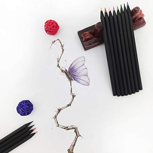 Colored Pencils, 12 Colors Black Wood Set with Sharpener, Oil Based Colored Pencils Artist Quality for Adults Coloring and Kids Doodling Drawing Painting Sketching Writing School, Pre-sharpened