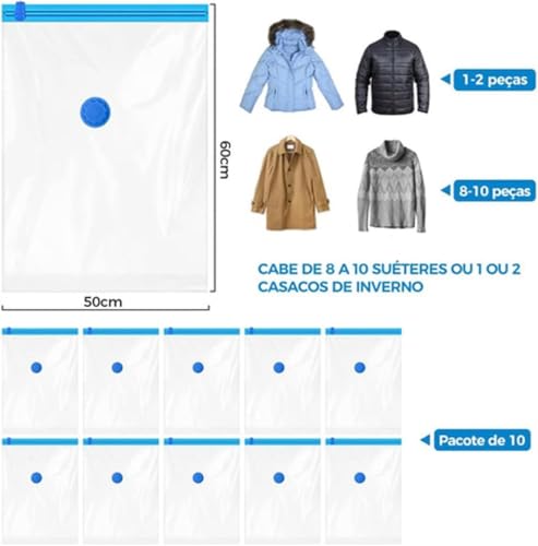 Kit com 10 Sacos a Vácuo para Roupas e Viagem 50x60 cm com Bomba Manual Inclusa, Ideal para Organização de Armário e Mala de Viagem, Compressão de Roupas, Redução de Volume e Economia de Espaço