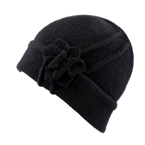 THE HAT DEPOT 200hc402 100% Wool Skull Cap with Flower Decoration-3colors (Black)