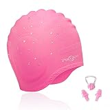 PHELRENA Swimming Cap Waterproof Premium Silicone Solid Long Hair Earmuffs Swim Cap Flexible Reversible for Adults Kids Women Men, Keeps Hair Clean Ear Dry, Free with Nose Clip and Ear Plugs