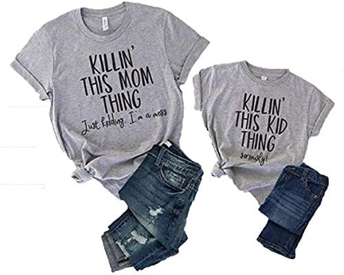 Mommy and Baby Kids Matching Shirts Summer Clothes for Family Short Sleeve Top Blouse T Shirts (Grey, Kid (3-4T))