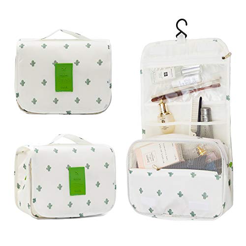 Multifunctional Lightweight Toiletry Bags Travel Cosmetic Bags For Women Waterproof Make Up Organizer with Sturdy Hook Portable Compact Bathroom Pouch with Large Capacity (Large, White-Cactus) - Thumbnail 7