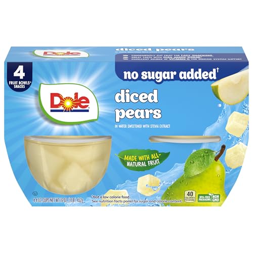 DOLE DICED PEARS WITH NO SUGAR ADDED† – DOLE FRUIT BOWLS SNACKS – 4 OZ FRUIT BOWLS – 4 PACK