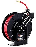 REELWORKS Air-Hose-Reel Retractable 3/8" Inch x 50' Feet Long Premium Commercial Flex Hybrid Polymer Hose Max 300 PSI Compressor Polypropylene Drum Construction Heavy Duty Industrial Spring