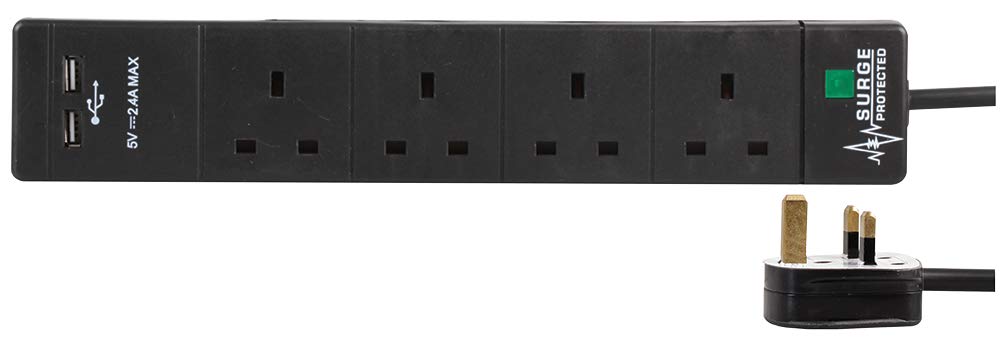 Pro Elec PEL00102 4 Way 2 USB Surge Protected Extension Lead, 3 m, Black