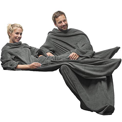 CelinaTex TV-Decke Kuscheldecke mit Ärmel und Fuß Tasche, Mikrofaser Decke Coral Fleece, Tagesdecke XL grau, 170 x 200 000320