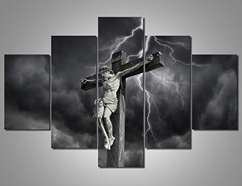 Framed Wall Art Living Room Cross Wooden Wall Art Jesus Christan Crucifixion Prints on Canvas Holy Lord Painting,5 Panel Artwork Giclee Picture Home Decor Posters and Prints Ready to Hang(60''Wx40''H)