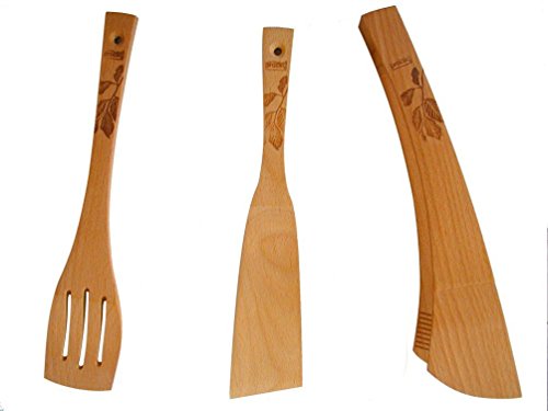 PolandsBest (TM) Wooden Kitchen Tools: Spatula, Slotted Spatula, Salad Tongs For Barbeque And Indoor Table Use