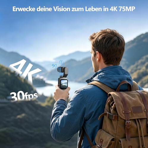 H-Bocam Vlog Camera 4K WLAN 75MP Vlogging Camera, 1.72 Inch Touch Screen, Quick Focus, Face Tracking, Small Handheld Camera for Travel, Outdoor Sports, with Tripod, 16GB Card, 2400mAh Battery