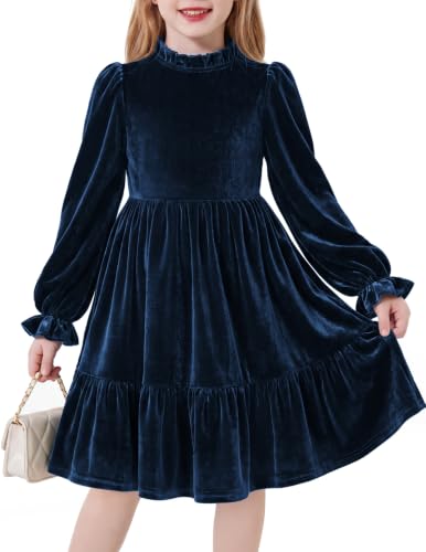 Arshiner Kids Fall Dress Puff Long Sleeve Velvet Winter Navy Blue Dresses at Amazon