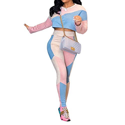 JUNBOON Women's Patchwork 2 Pieces Jumpsuits Long Sleeve Crop Top Bodycon Pant Outfit Tracksuits