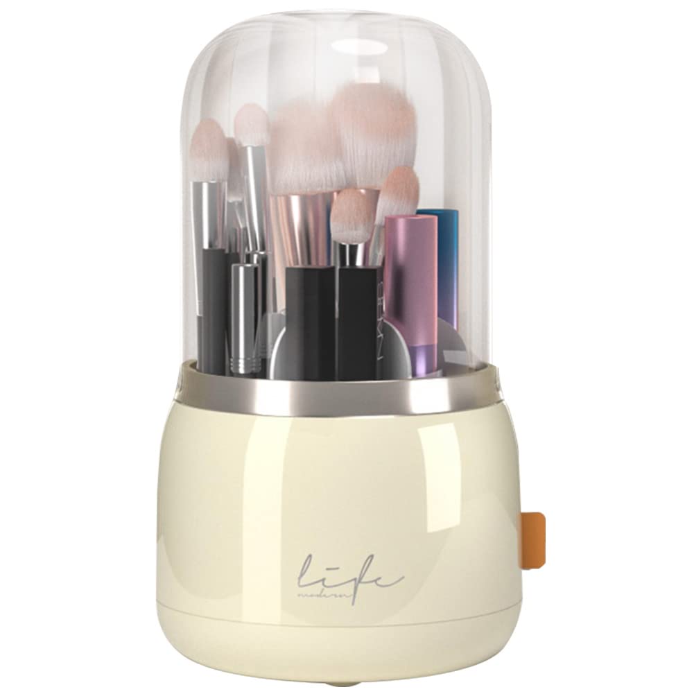 Veki Makeup Brush Holder Organizer, 360 Rotating 6 Compartment Cosmetics Brushes Storage Container with Clear Acrylic Cover for Vanity, Dresser, Bathroom (Yellow)