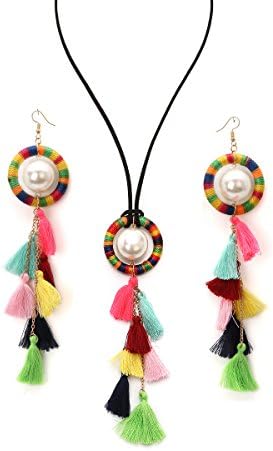 coolrui Bohemia Style Tassel Dangle Earrings and Necklace - Big Pearl Pendant Cotton Thread Tassel Fashion Accessories (One set)