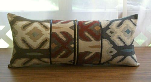 Long Lumbar Ethnic Designed Throw Pillow - Custom African Rust, Grey, Brown Pillow Cover with Insert Included - One of a Kind Unique Bed Pillow