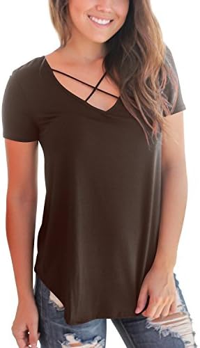 XIONGMEI Women's Criss Cross V Neck T-Shirt Short Sleeve Casual Loose T Shirt Tops (Coffee,M)