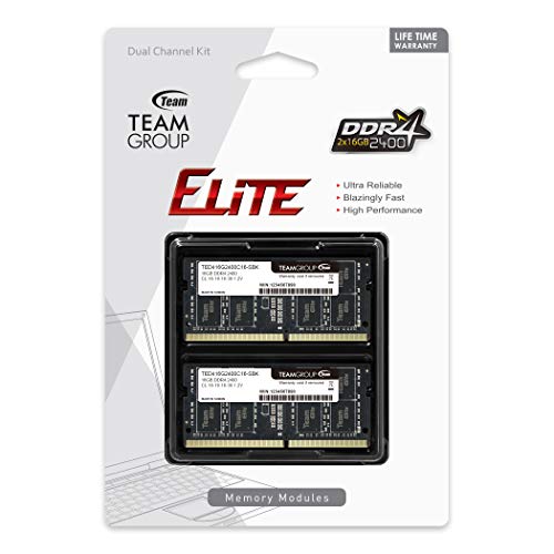 TEAMGROUP Elite DDR4 32GB Kit (2 x 16GB) 2400MHz PC4-19200 CL16 Unbuffered Non-ECC 1.2V SODIMM 260-Pin Laptop Notebook PC Computer Memory Module Ram Upgrade - TED432G2400C16DC-S01-32GB Kit (2x16GB)