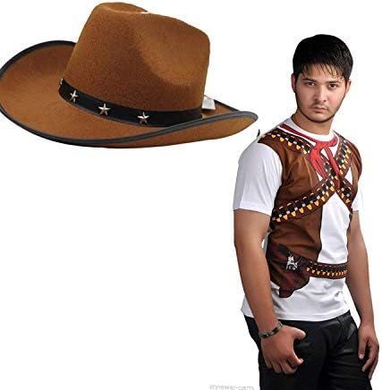 Seemeinthat Brown cowboy hat and T shirt western sheriff fancy dress hen stag party (Large)