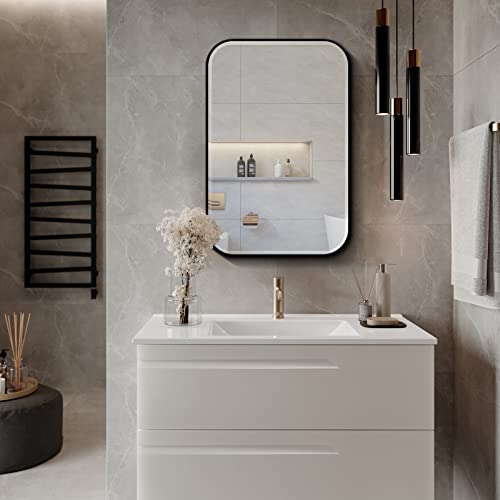 Fundin Plastic Black Medicine Cabinet, Beveled Edge Mirror Door with Round Corner Metal Frame, Recessed and Surface Mount Bathroom Medicine Cabinet, 16 x 24 inch Mirror Size