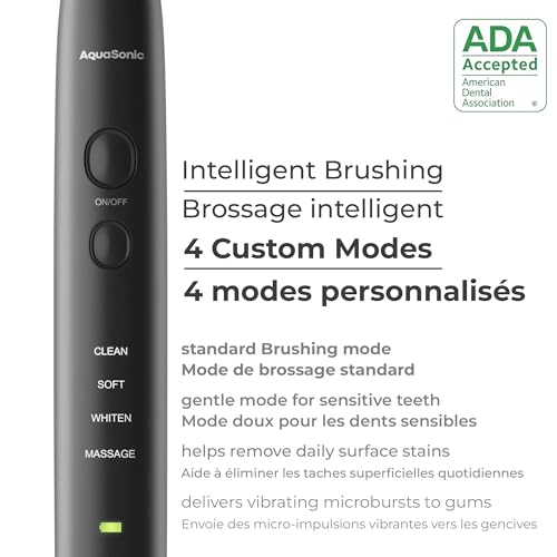 Aquasonic Black Series Ultra Whitening Electric Toothbrush | ADA Accepted Rechargeable Toothbrush, 8 Brush Heads & Travel Case, 40,000 VPM Electric Motor & Wireless Charging - 4 Modes with Smart Timer