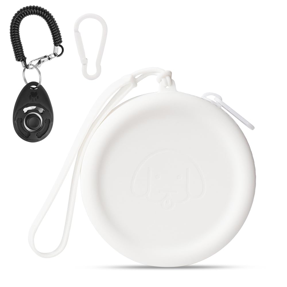 Silicone Dog Treat Pouch Small Bag,with Pet Training Clicker,Walking Bag for Dog and Cat, Pocket Size,Easy to Clean,Odorless,Zipper Design,Moisture-proof,Travel Walking Bag (White)