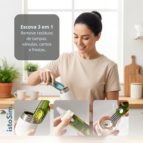 Kit de Limpeza Completa IstoSim – Escova 3 em 1 Multiuso + Escova de Silicone 360° + 2 Escovas para Canudos + 2 Ganchos Ventosa