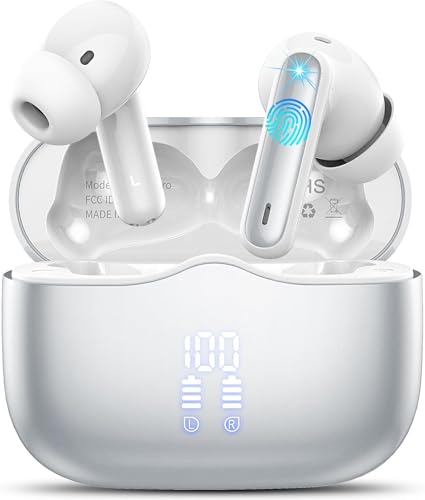 Wireless Earbuds, 2026 Bluetooth 5.4 Headphones in Ear with 4 ENC Noise Cancelling Mic, Wireless Earphones with HiFi Stereo, 40H Playtime, LED Display, Bluetooth Earbuds IP7 Waterproof, USB-C, Silvery