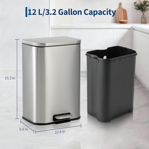12L Stainless Steel Trash Can for Kitchen, Office, Bathroom – Rectangular, Soft-Close Lid, Foot Pedal, Removable Bucket, Fingerprint-Proof, Space-Saving,Silver