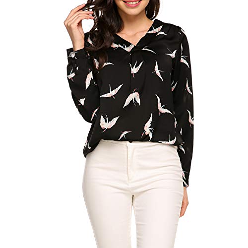 Zeagoo Women's Long Sleeve Printed Chiffon Shirt Blouse Tops, Black, XX-Large (Best Casual Work Clothes)