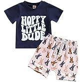 BeQeuewll Toddler Baby Boy Easter Outfit Letter Bunny Print Short Sleeve T-Shirt and Shorts Summer Clothes Set