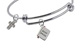 Expandable Wire Bangle bracelet with Holy Bible, 2-D Heart with Scroll Border, Beaded Cross and Small Heart charms, Qty.1