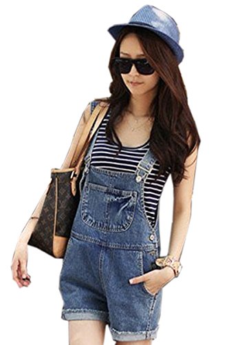 XTX? Korean Women Blue Mid Waist Ripped Denim Hole Jumpsuit Romper Crimping