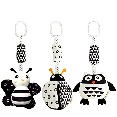 KAKIBLIN Baby Hanging Toy,3 Pack Black and White Baby Toys for 3 6 9 12 Months, High Contrast Hanging Toys,Plush Soft Stroller Rattles Toy for Boys and Girls(21CM, Ladybug,Bee & Owl)