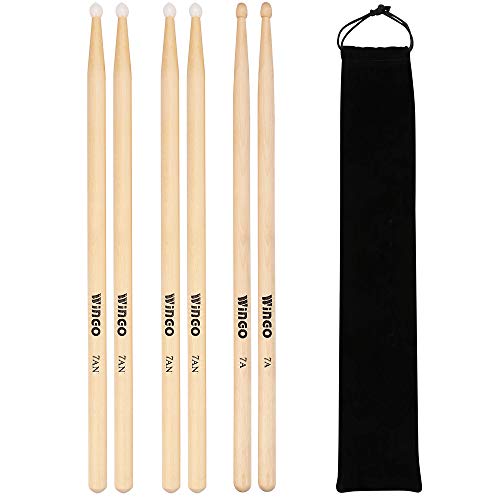 7A/7AN Drum Sticks with 1 Wood Tips and 2Nylon Tips - WINGO 3 Pack Maple Drumsticks with Carrying Bag Holder