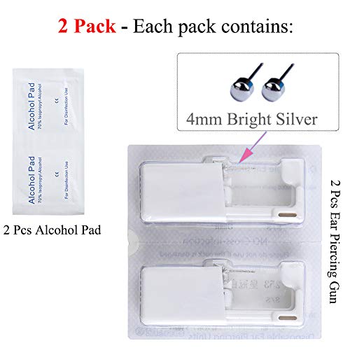 2 Pack Anzero Ear Piercing Gun Disposable Ear Earring Stud Gun No Pain Ear Piercing Gun - 4mm Steel Silve