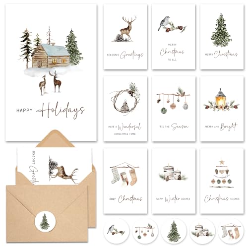 AUDREE Watercolor Woodland Christmas Cards with Envelopes & Matching Stickers (20 Pack 4