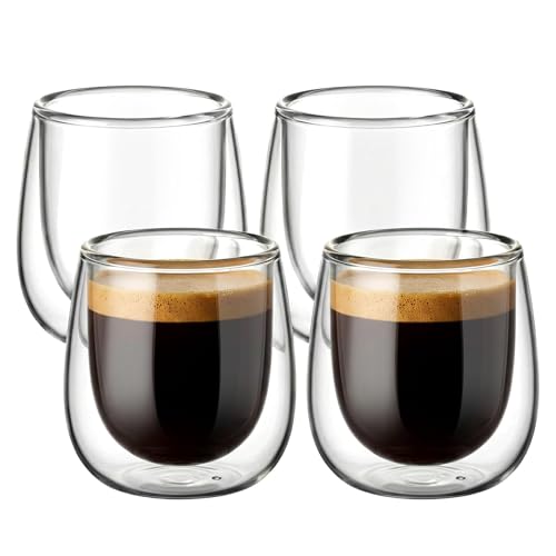 glastal 4 x 100 ml (4 oz) Glass Coffee Cups, Double Walled Transparent Espresso Glasses, Borosilicate Glass Cups for Tea, Coffee