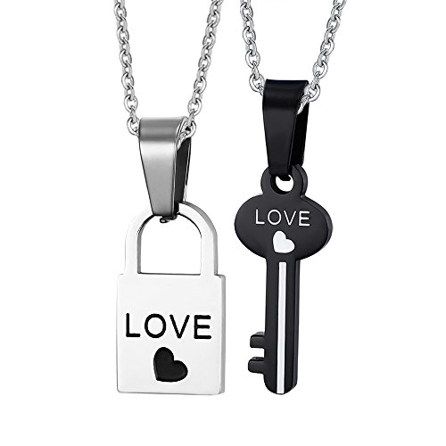 UM Jewelry 2pcs Mens Womens Couples Stainless Steel Heart Lock Key Pendant Love Necklace
