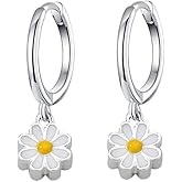 Cute Daisy Flower Hoop Earrings for Women Mini Small Cartilage Hoop Sterling Silver Plated Hypoallergenic White Flowers Dangle Drop Earring Piercing Huggie Hoops Gift for Girlfriend Valentine's Day