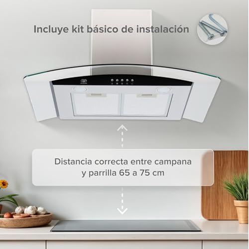 AVERA Campana de cocina 76 cm de pared, 3 velocidades, Luz LED, Filtro de carbón activado, Filtro de malla metálica lavable, Acero inoxidable y vidrio templado, Diseño curvo | CEV60C