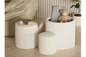 WENRENER Round Set of 3 Ottoman with Storage-Upholstered Velvet Vanity Stool for Makeup Multifunctional Ottomans Coffee Table Padded Seat Foot Rest for Living Room&Bedroom（White）