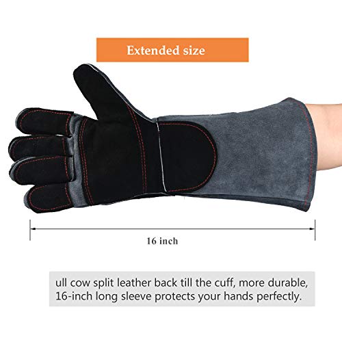 Welding Gloves Lined Leather Extreme Heat Resistant Double Insulation For Mig, Tig Welders, BBQ, Gardening, Camping, Stove, Fireplace and More - 16 in, Grey+Black