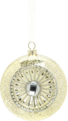 Festive Productions Antique Finish Flat Round Bauble with Reflector Centre with Clear Jewel 11.5 cm Gold