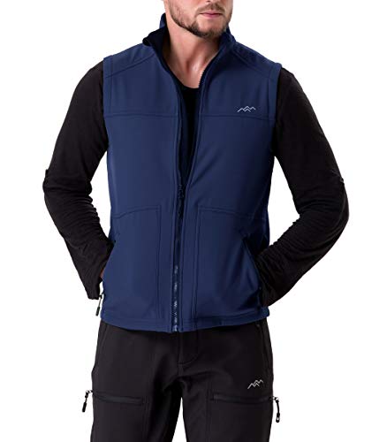Trailside Supply Co.Men's Fleece-Lined Softshell Vest Outdoor Travel Gilet Stand Collar Water-Repellent,Dark Blue,L