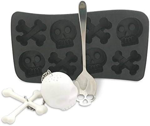 Skull Tea Set: Strainer Infuser, Ice Cube Tray, Teaspoon - Stocking Stuffer Gift (Black Magic) by KitchenGeek LLC