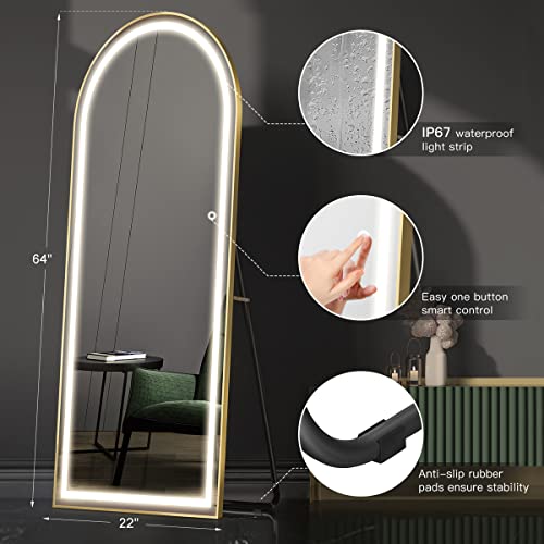 Raybee 64" x 22" Large Floor Mirror, Arched Full Length Mirror with LED