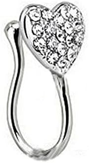 FEIDAjdzf Nose Ring Hoop Nose Stud Body Jewelry Piercing, Women Fashion Glitter Rhinestone Heart Fake Non Piercing Clip-on Nose Ring Stud - Silver