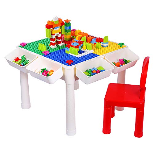 SNAEN Multi-purpose Activity Table Set for Kids Building, Drawing, Reading, Dining - Toddler Play and Learn Desk with 1 Chair and 4 Storage Boxes - Primary Colors for Boys and Girls 3+ (150PCS Bricks)