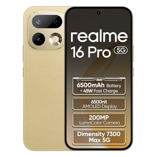 realme 16 Pro 5G Smartphone 8+256GB, Master Gold, MediaTek Dimensity 7300 Max, 6.78 Inches 144 Hz AMOLED, 200MP OIS Rear Camera, 50MP Front Selfie, 6500mAh Battery, 80W Ultra Charge, NFC,eSIM, IP69
