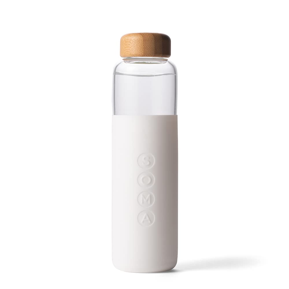 Soma Glass Water Bottle with Non-Slip Silicone Handle & Sleeve, Natural Bamboo Screw Cap, and Leak-Proof Design - Reusable, Refillable, BPA Free, Eco-Friendly Alternative - White, 480 ml